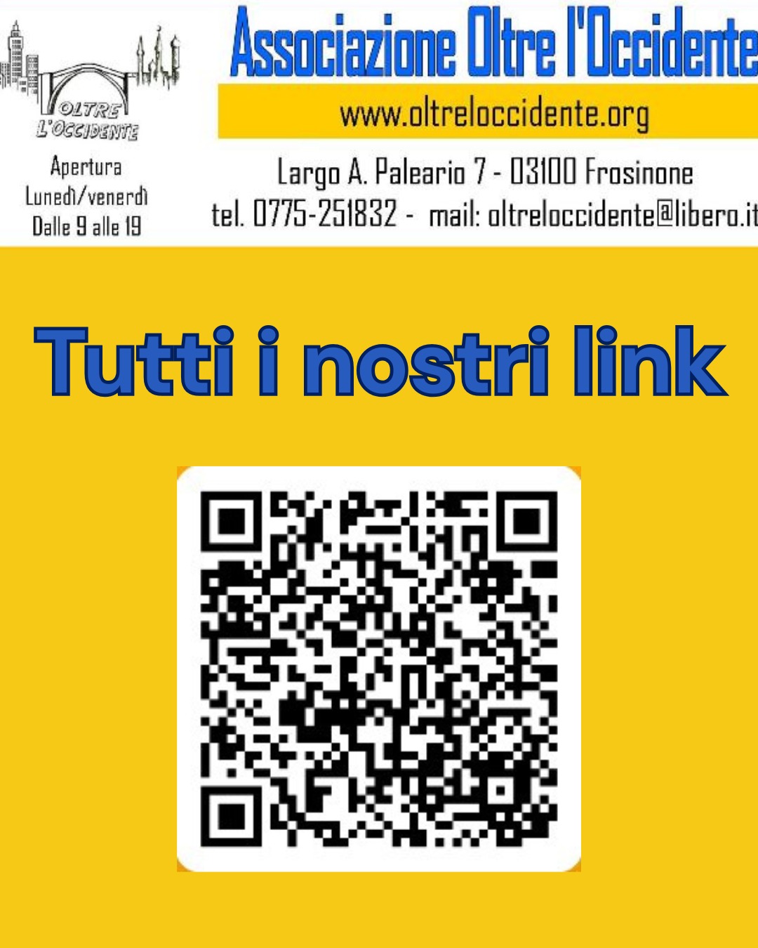 Oltre l'Occidente atterra su Instagram.
Seguitici. Nel qrcode trovate tutti i link....

#OltreLOccidente
#OltreLOccidenteFrosinone
#Frosinone
#Ciociaria
#AssociazioneCulturale
#CulturaFrosinone
#CulturaAttiva
#DialogoInterculturale
#PartecipazioneCivica
#ImpegnoCivile
#DirittiUmani
#SocietàCivile
#Solidarietà
#InclusioneSociale
#Comunità
#CulturaPerTutti
#PensieroCritico
#CostruireInsieme
#OltreIConfini
#NuoveProspettive
#InnovazioneSociale
#EducazioneCivica
#TerritorioCiociaro
#SpazioCulturale
#ProgettiSociali
#ValoriCondivisi
#CrescitaComune
#CulturaLocale
#IdentitàTerritoriale
#Pasolini